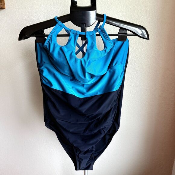 Cupshe Womens Large Blue Black High Neck Cut Out One Piece Swimsuit NWT - Picture 2 of 6